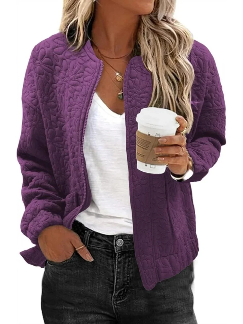 Women's Purple Lightweight Stand Collar Long Sleeve Outerwear Bomber Jacket